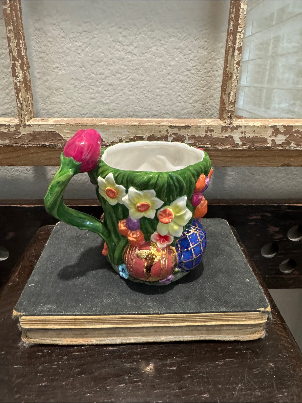 Vintage Christopher Radko 3DFloral & Egg Ceramic mug Home for the holidays 90's